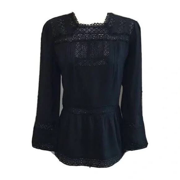 J.Crew Point Sur Black Lace Peasant Blouse 6 Whimsigoth Boho Victorian Top - Picture 2 of 12